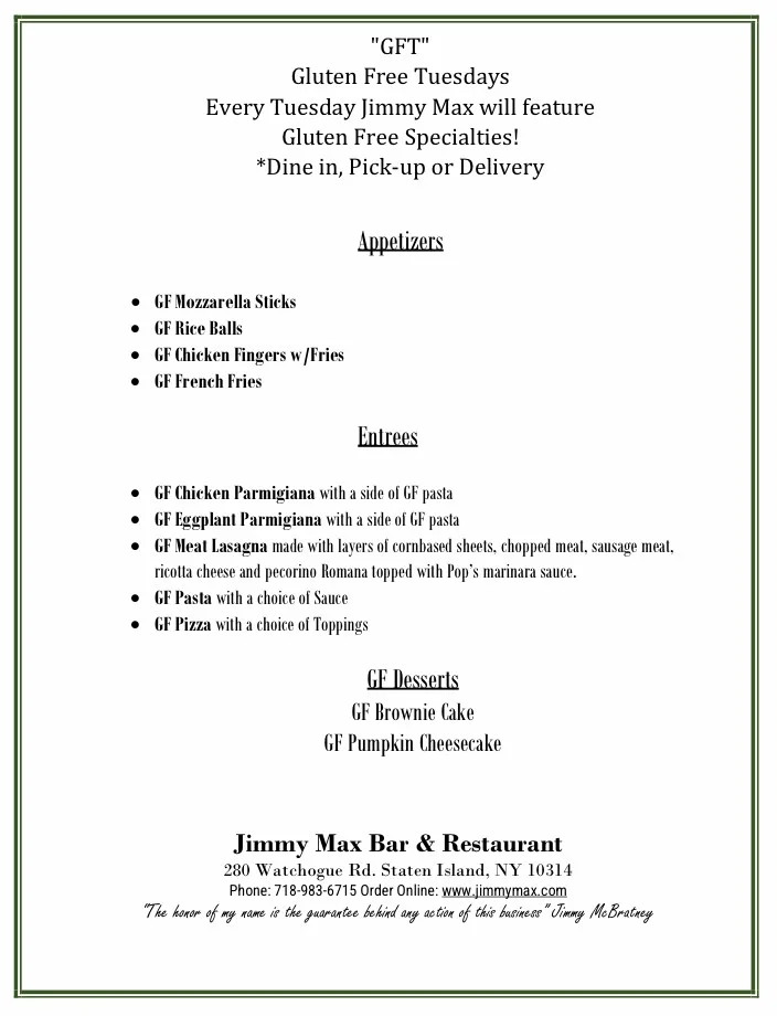 Jimmy Max Gluten free Tuesday menu, GF Pizza Pasta and Seafood Dishes
