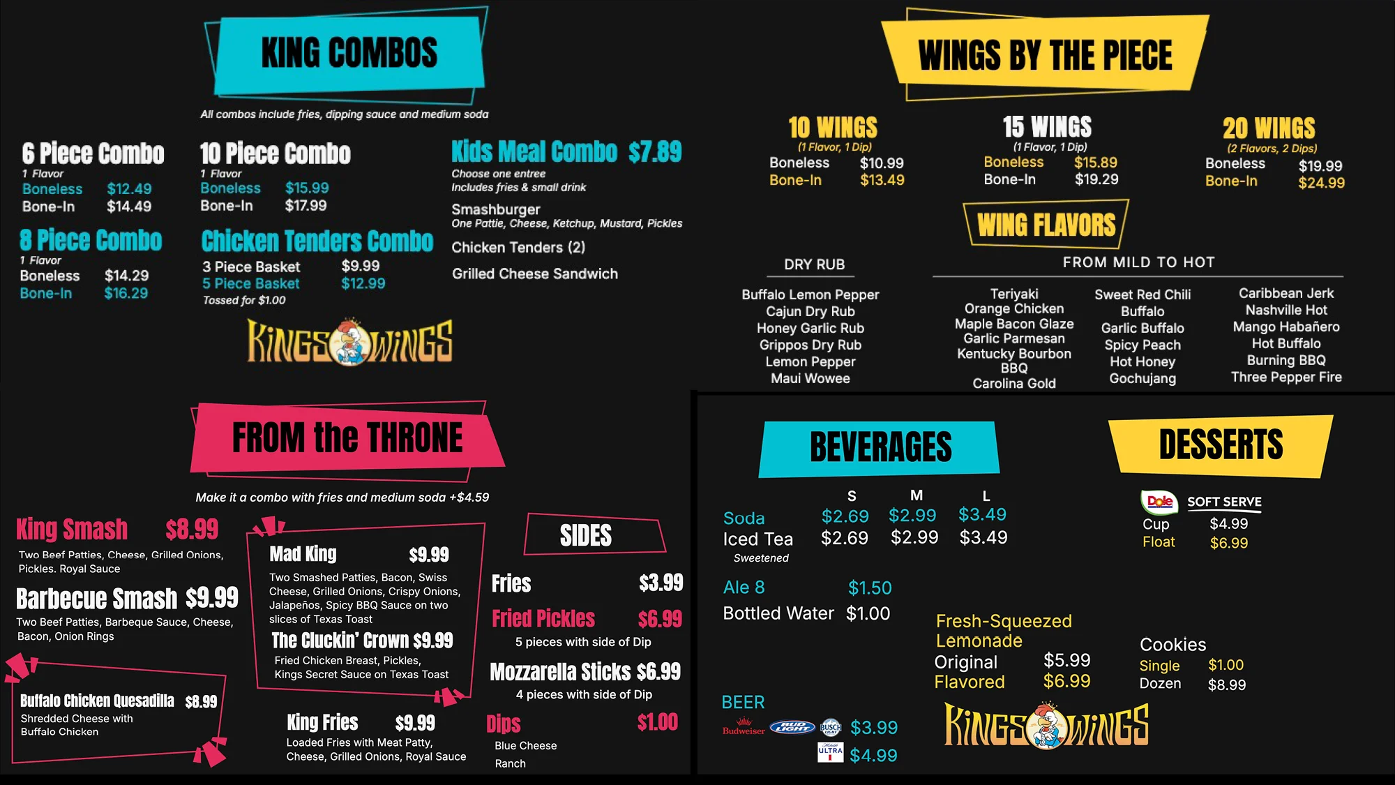 Menu featuring various wing combos and sides at a casual dining restaurant