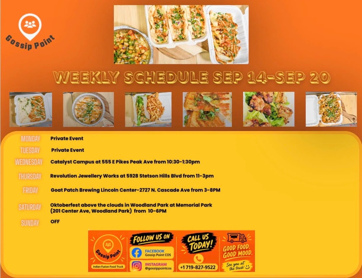 Weekly schedule for Gossip Point food truck events and locations