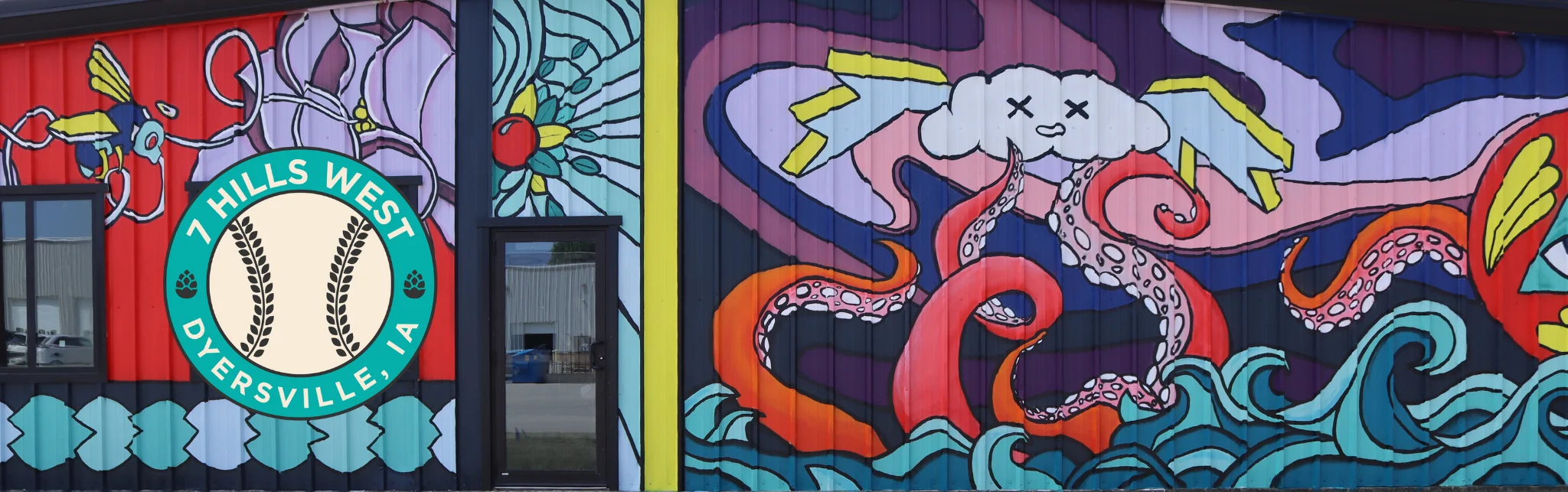 Colorful mural on restaurant exterior in Dyersville, Iowa