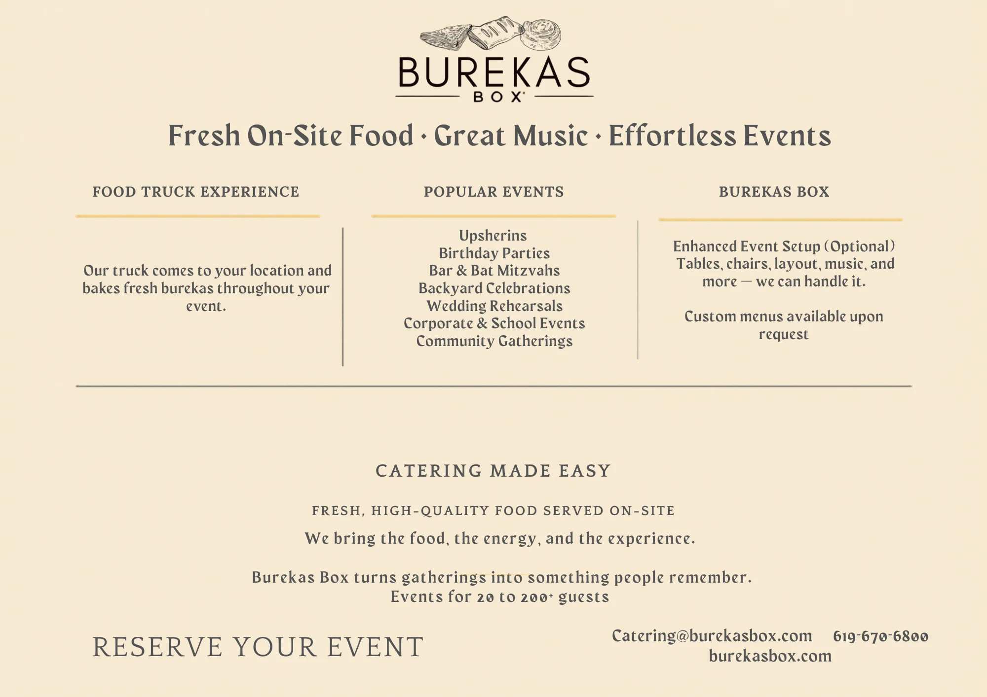 Elegant Burekas Box event flyer featuring delicious pastries.