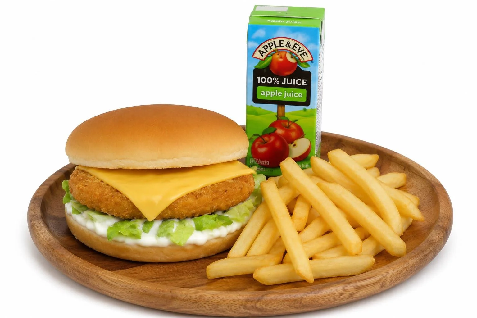 A chicken sandwich topped with cheese, accompanied by French fries and a carton of apple juice. The dish is presented on a wooden plate.