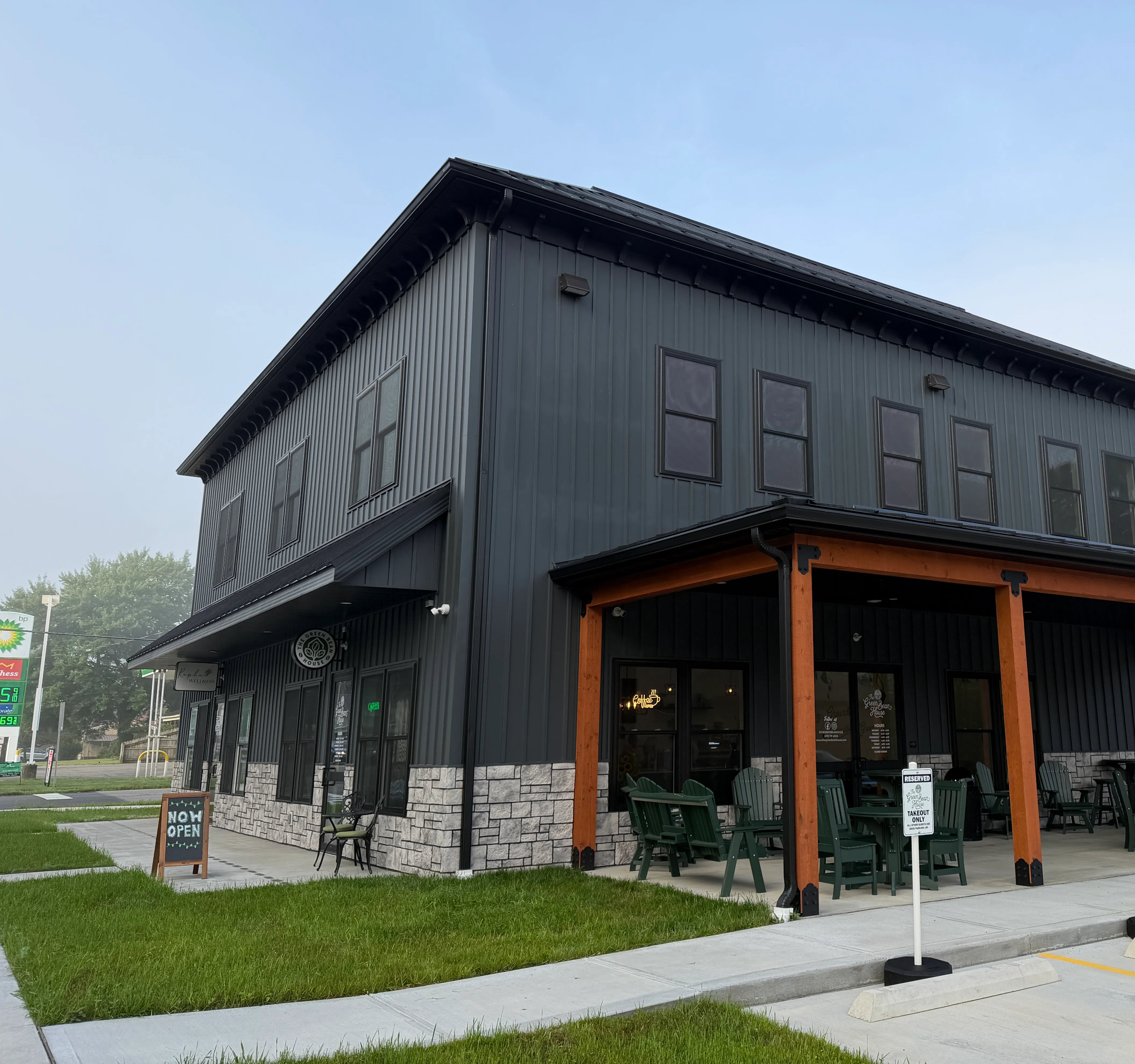Modern restaurant exterior with outdoor seating