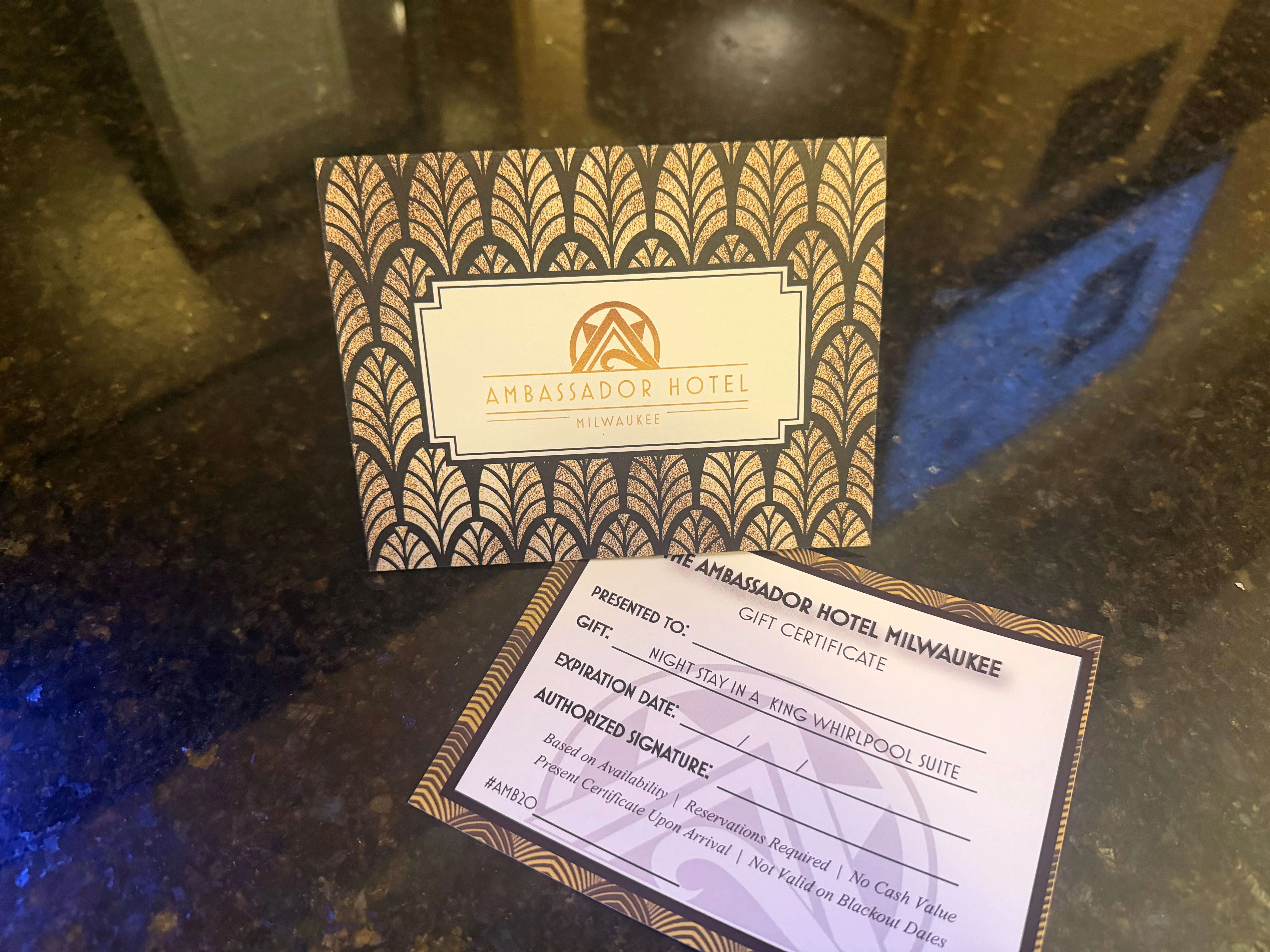 Ambassador Hotel Milwaukee gift certificate and card