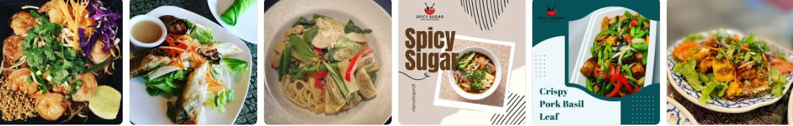 Assorted Thai dishes including crispy pork basil leaf and fresh spring rolls