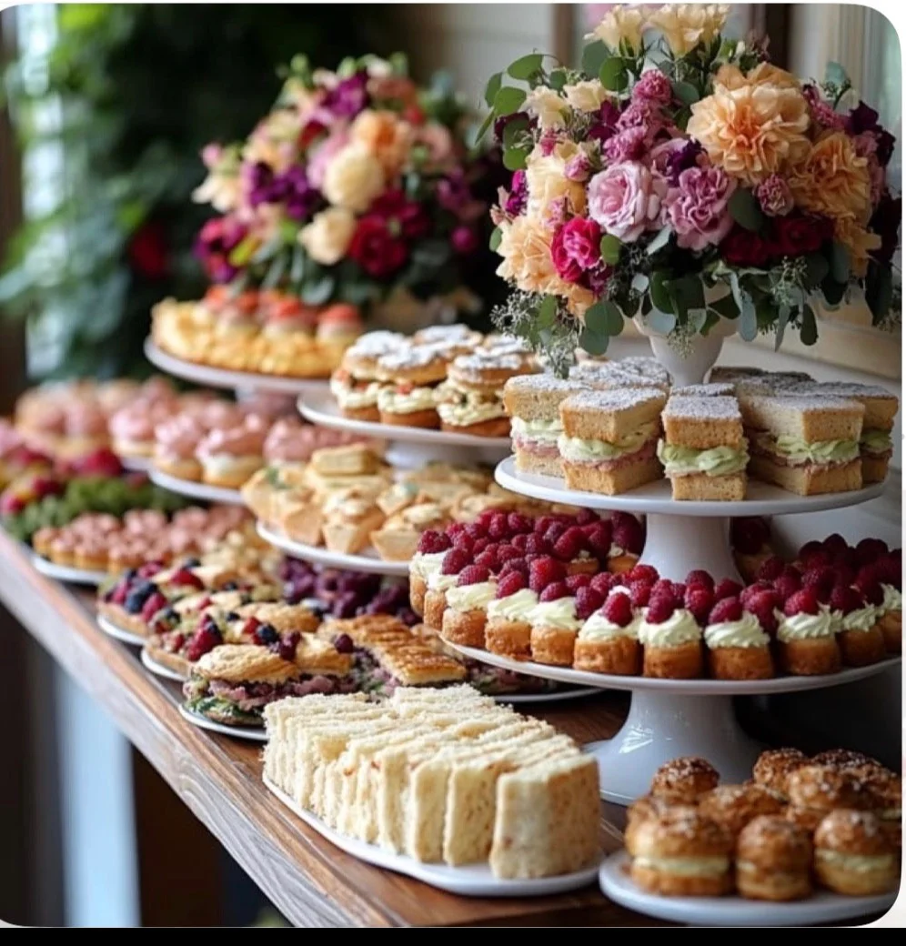 A beautifully arranged dessert table featuring an assortment of pastries, cakes, and cupcakes, with vibrant flowers in the background.