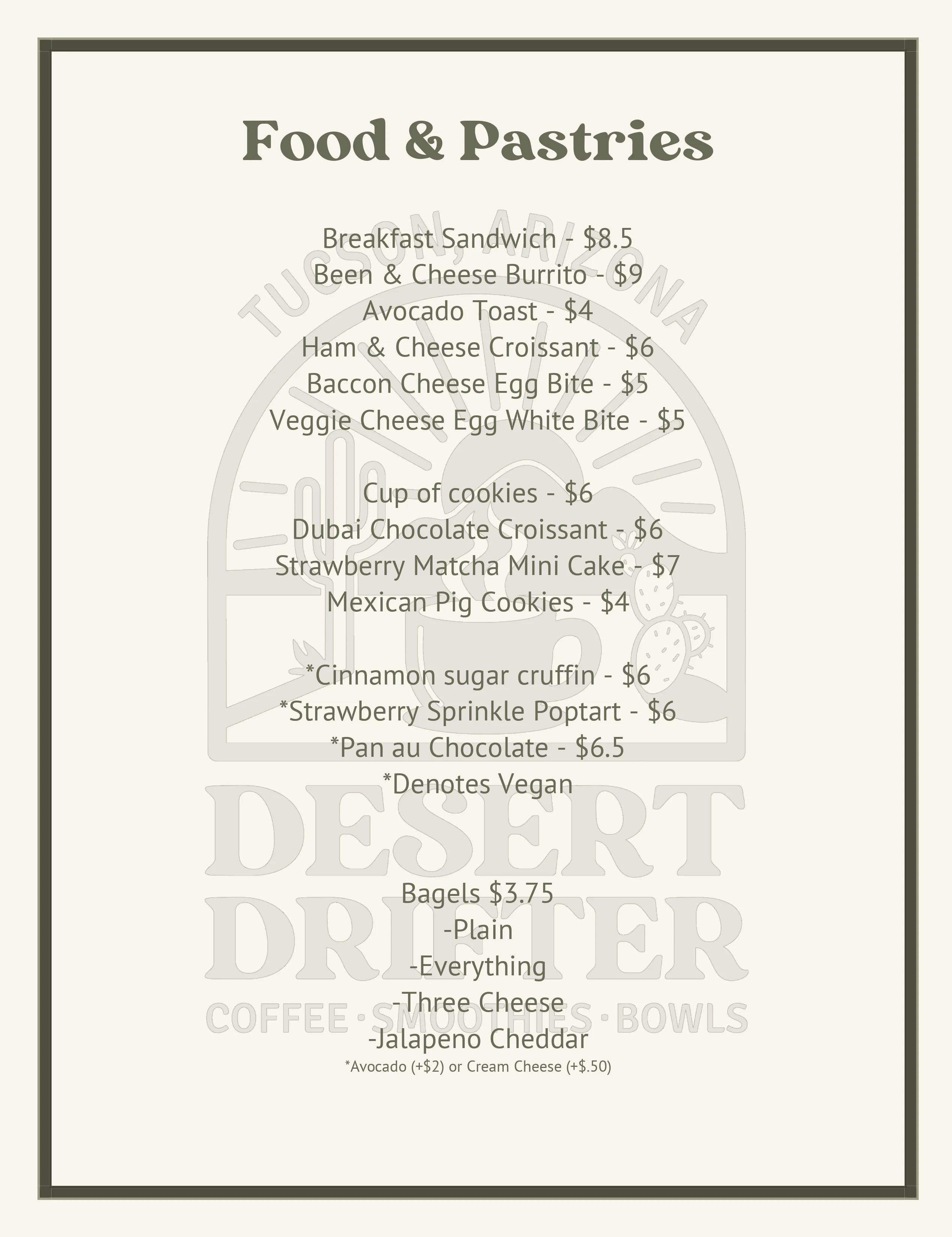 Menu of diverse pastries and breakfast items at a cozy café