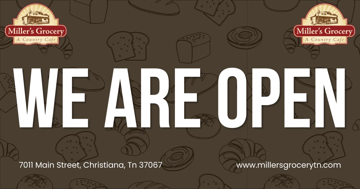 Miller's Grocery country cafe open sign with location and website