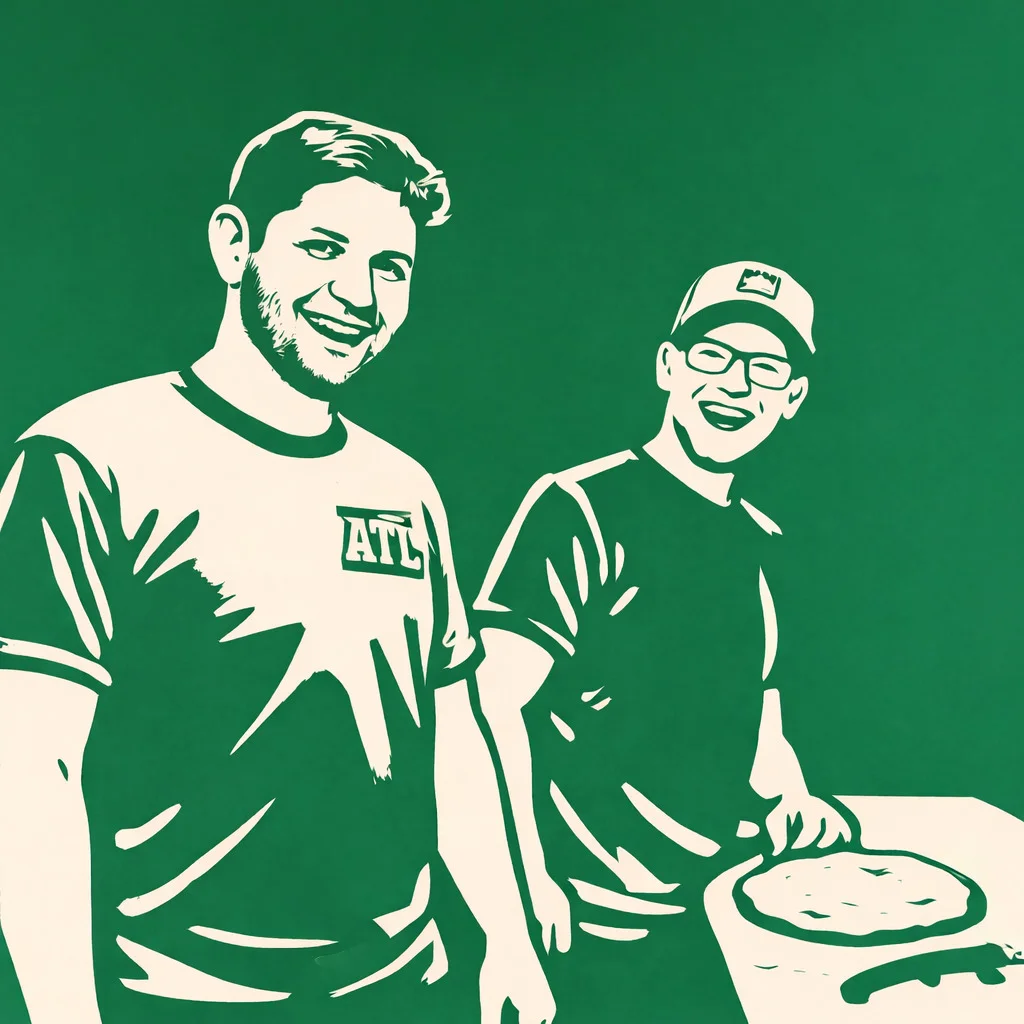 Two chefs smiling in a pizzeria kitchen