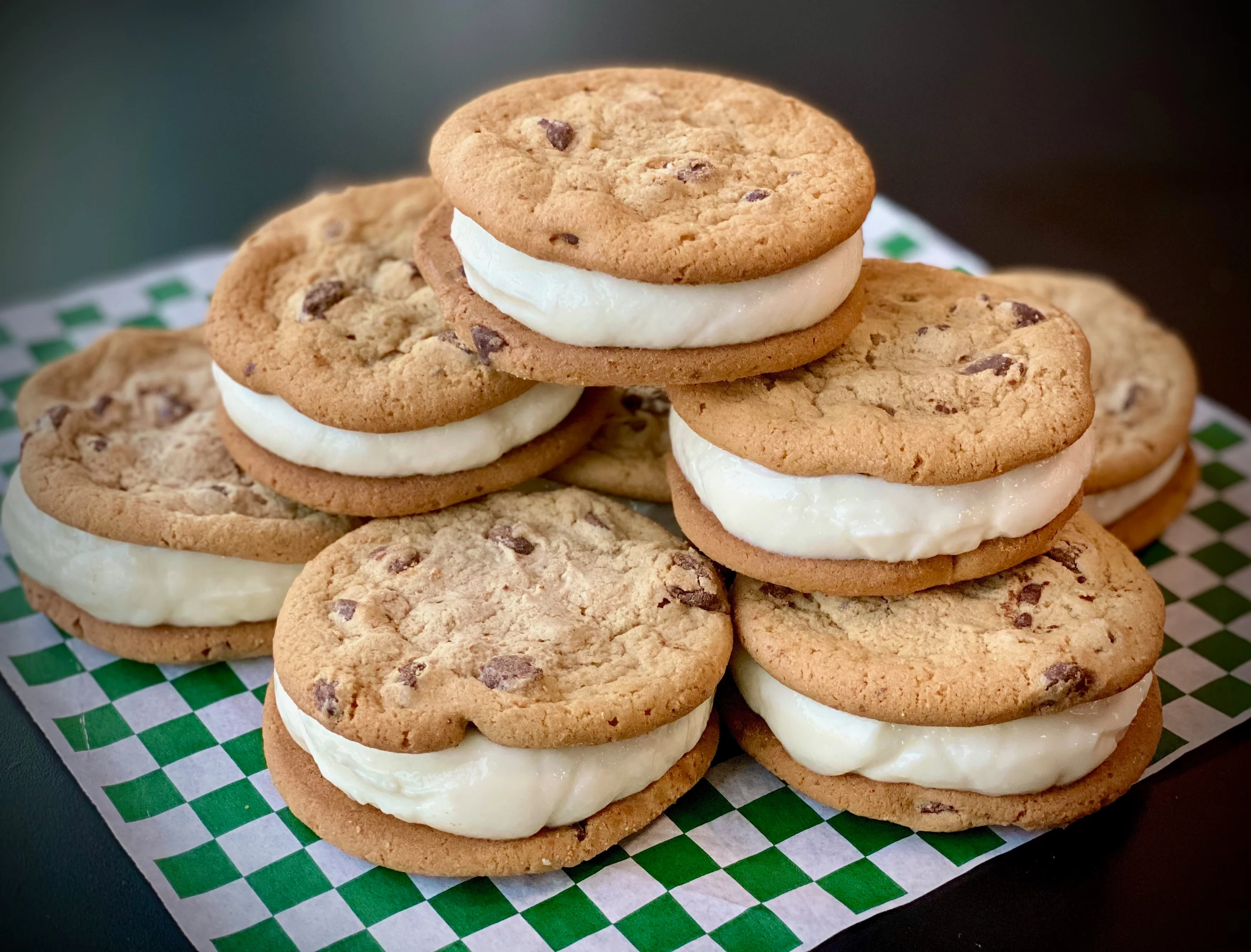 Classic ice cream sandwich with chocolate chip cookies