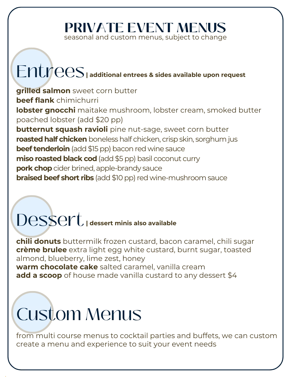 Private event menu featuring gourmet entrees and desserts