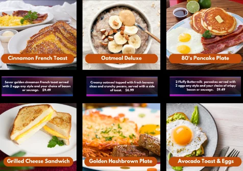 Variety of breakfast dishes including pancakes and French toast