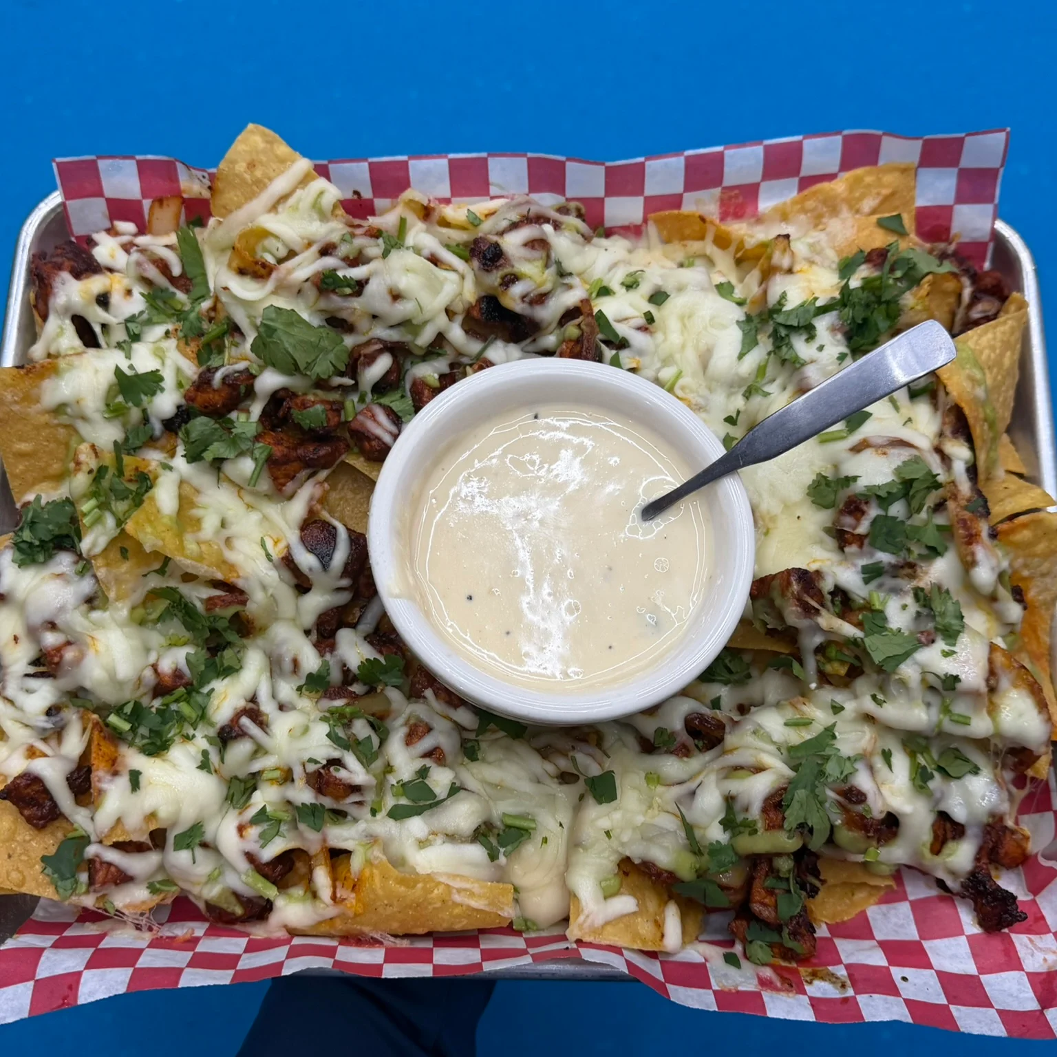 Loaded nachos topped with cheese and cilantro