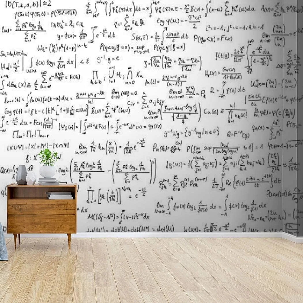 Mathematical equations and formulas on a wall in a modern interior