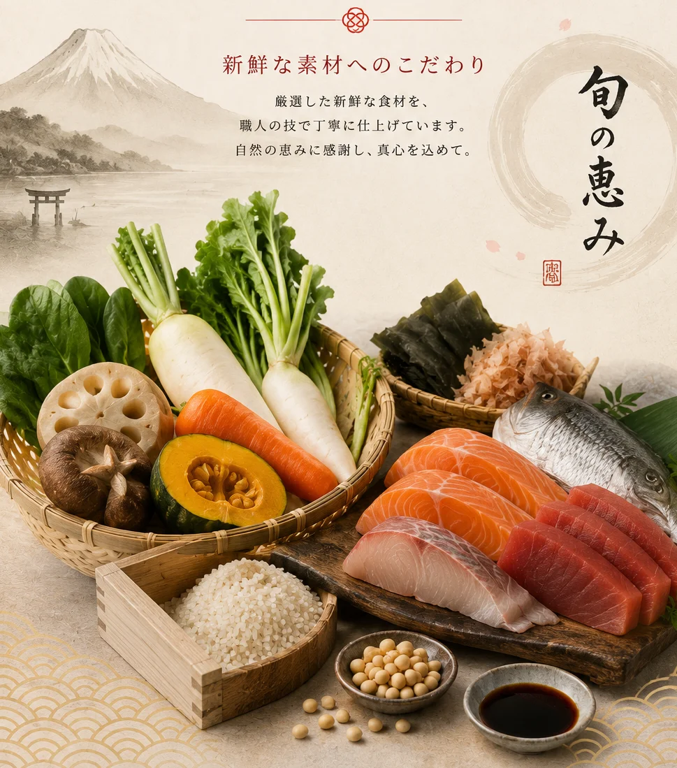 Fresh ingredients and sushi displayed for Kokoro Japanese Cuisine