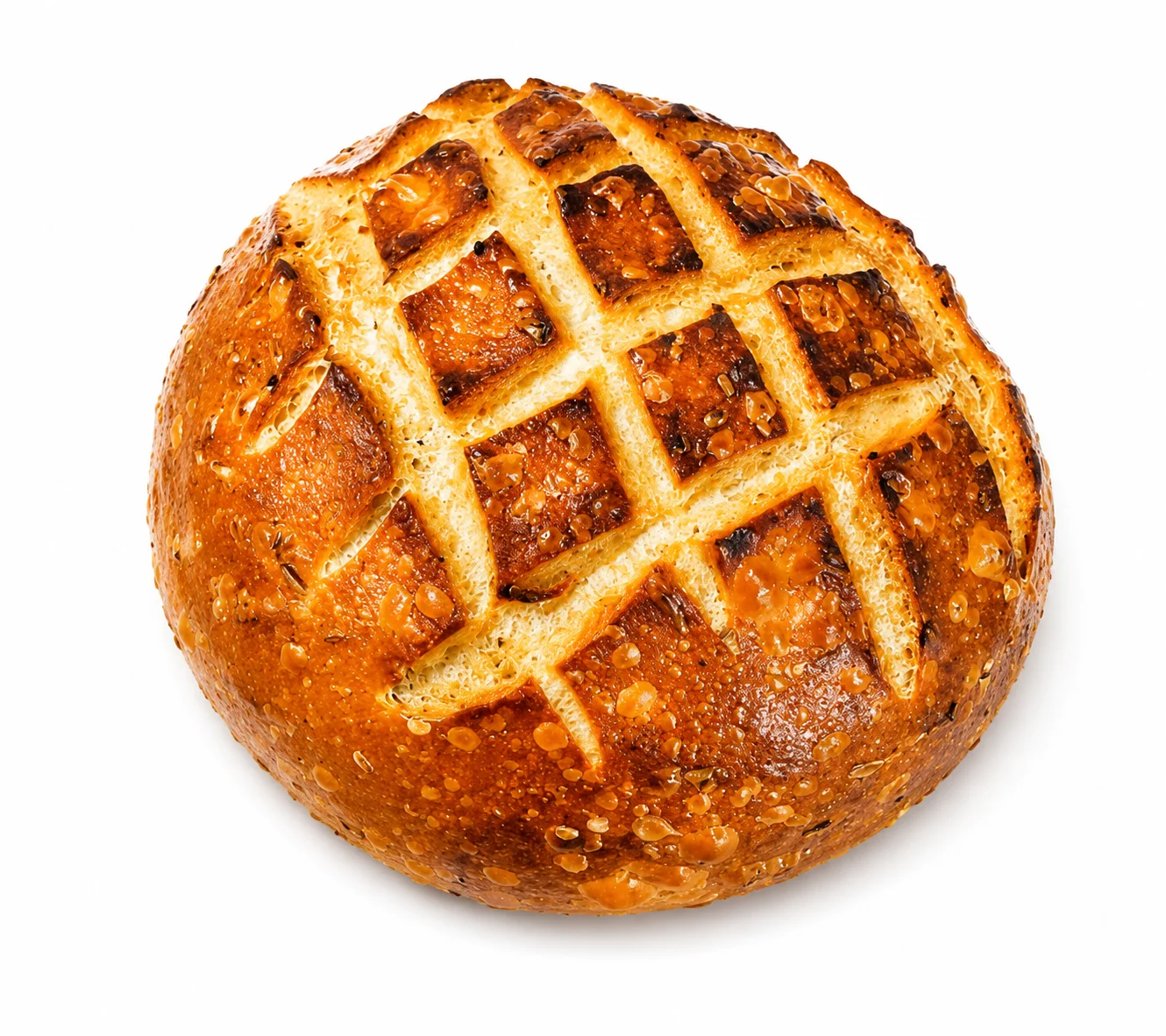 Freshly baked round bread with a golden crust and scored pattern.