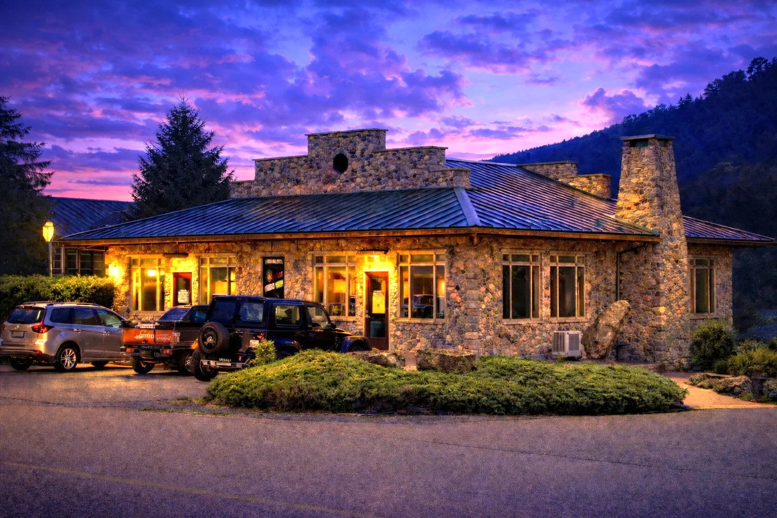 Delicious pizza served at Foxburg Pizza with a scenic twilight backdrop.