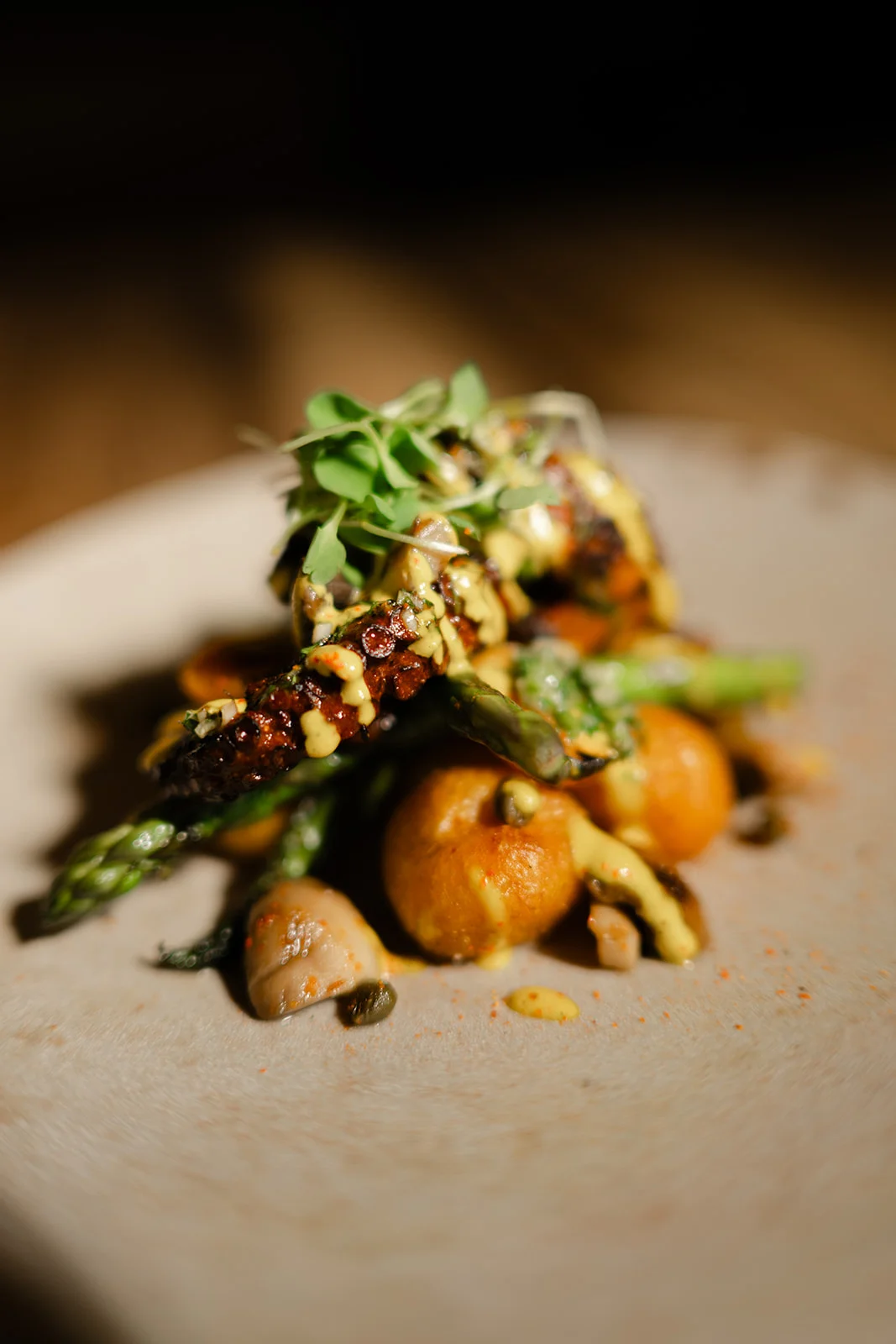 Grilled asparagus with savory sauce on a rustic plate