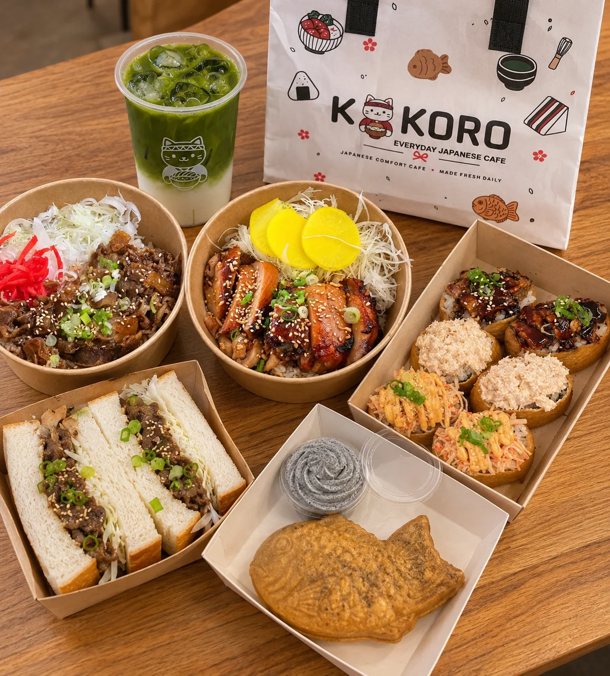 Japanese bento box featuring grilled chicken, rice, and traditional sides