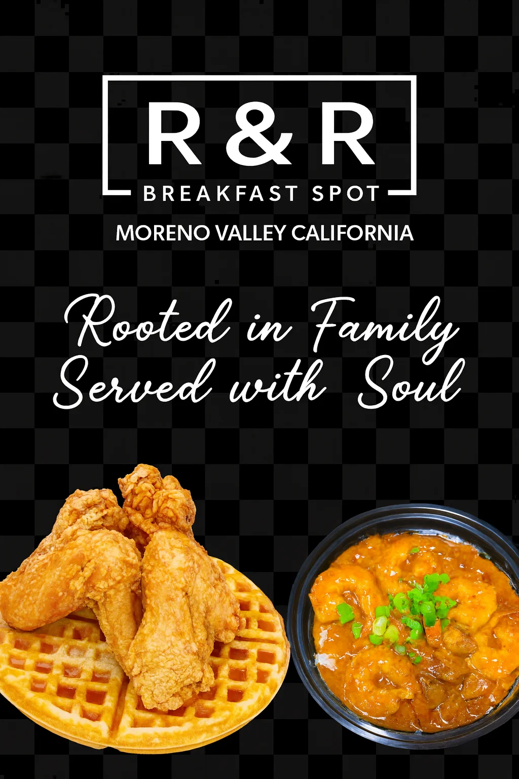 A serving of fried chicken on top of waffles, accompanied by a bowl of a savory dish garnished with green onions. The background features a checkerboard pattern.