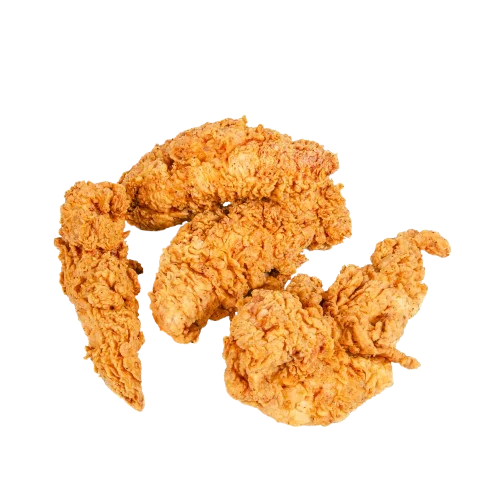 A pile of crispy fried chicken tenders with a golden brown coating.