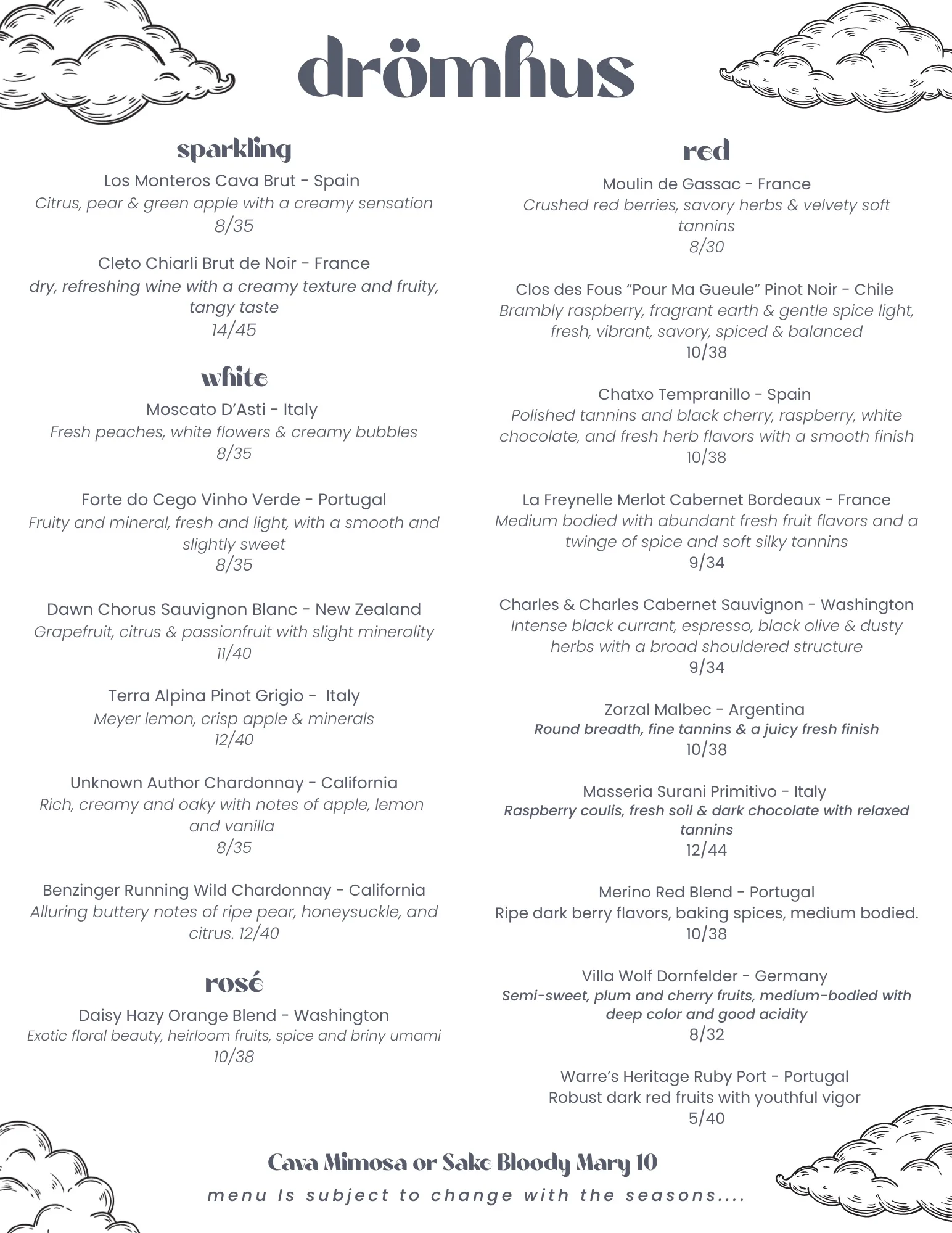 Wine menu featuring diverse selections from around the world