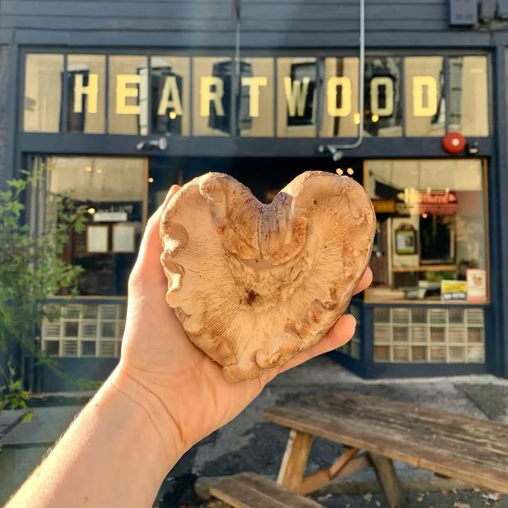 Heart-shaped mushroom in front of Heartwood restaurant