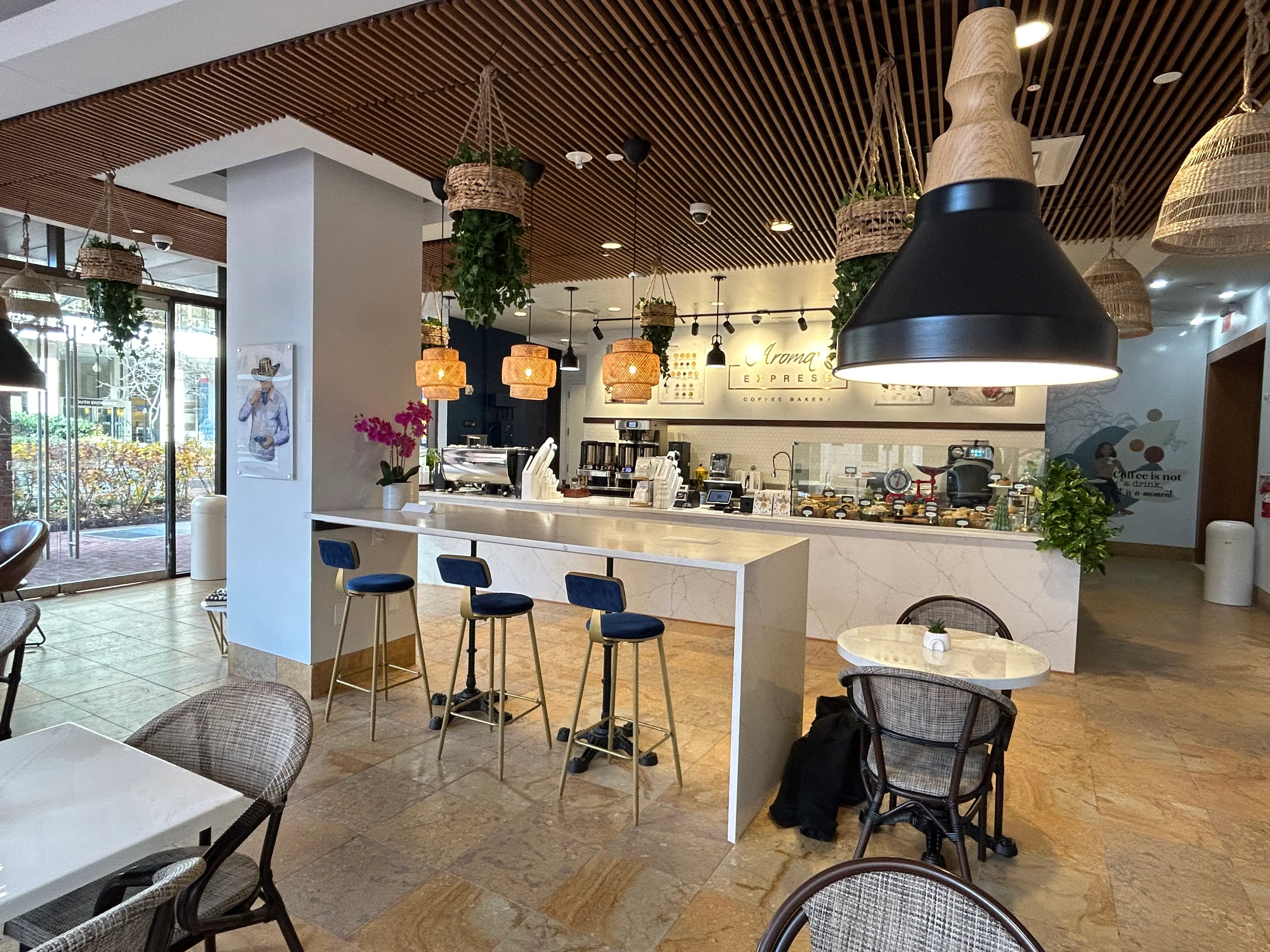 Modern coffee shop interior with stylish decor and seating