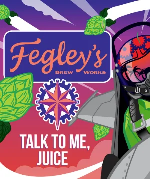 Fegley's Brew Works beer label featuring a jet and hops