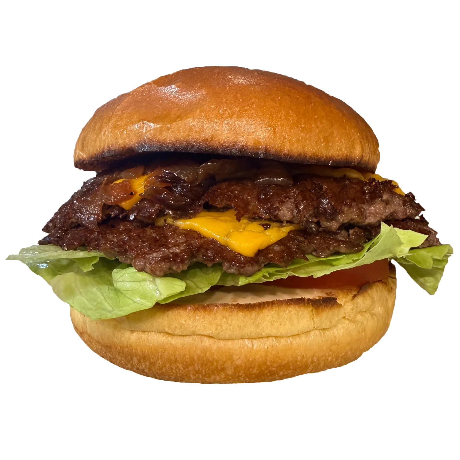 Hayes Burger Double Cheeseburger — Angus chuck smashed on the flat top with American cheese, lettuce, tomato and house 1000 Island