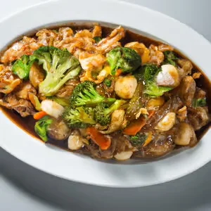 Chinese stir-fried seafood and vegetables in savory sauce