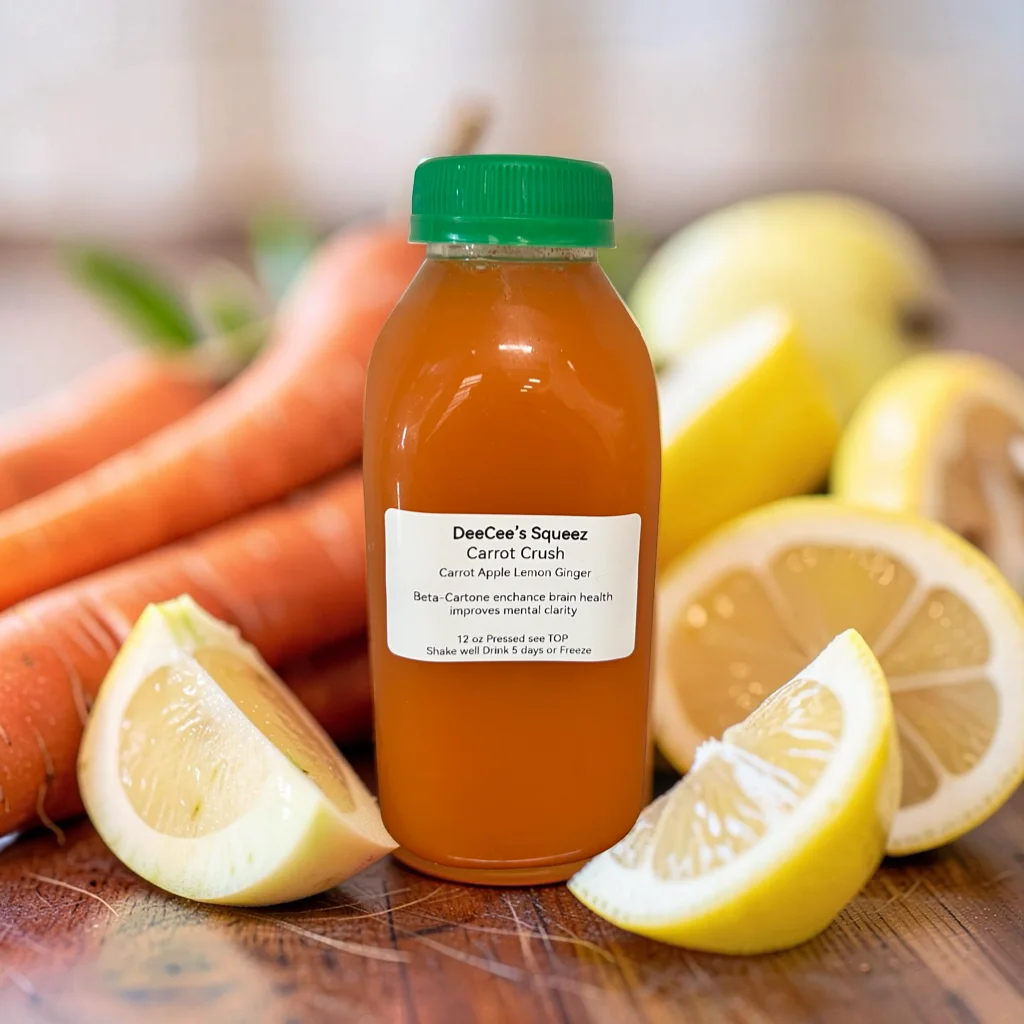 Freshly pressed carrot juice in a bottle