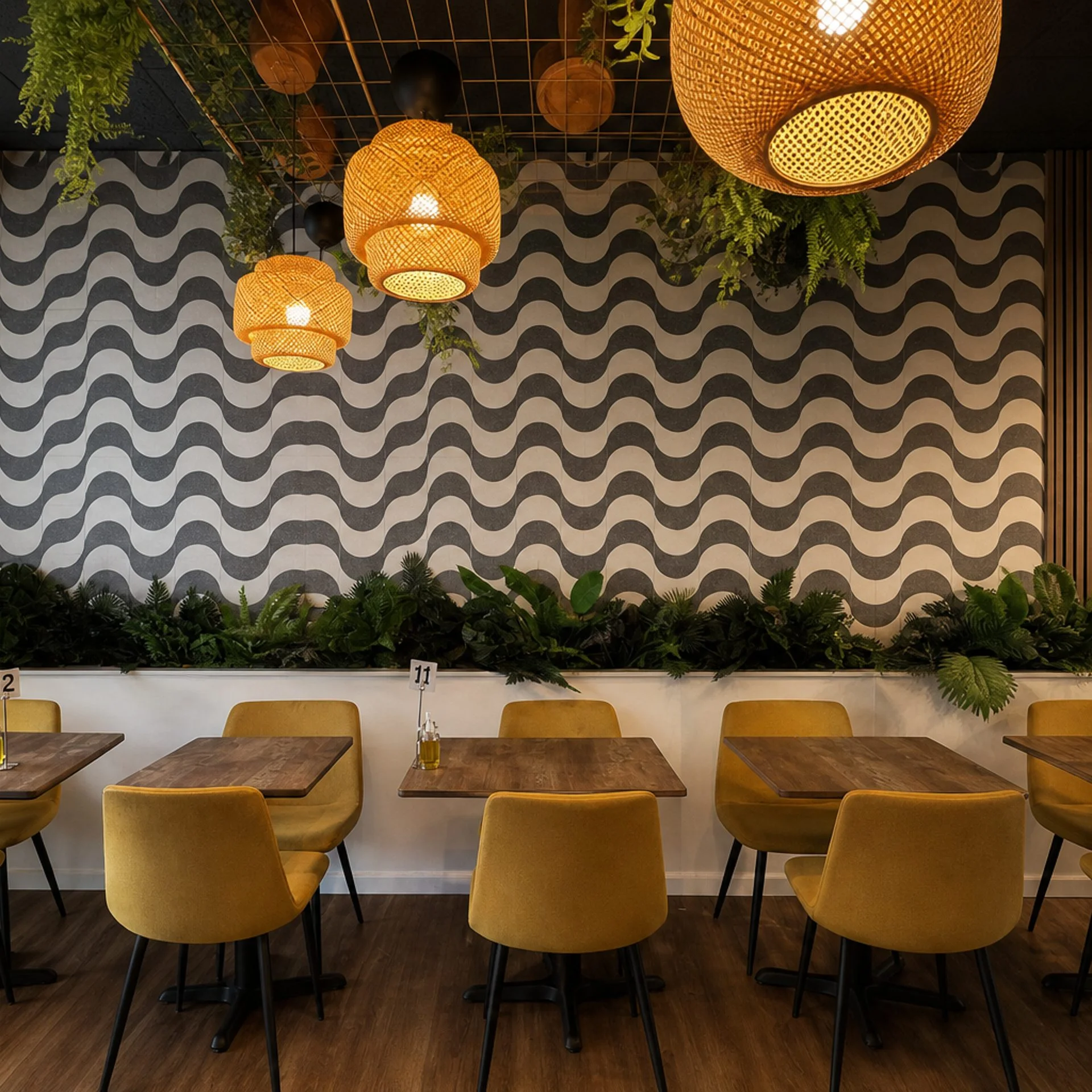 Cozy restaurant interior with modern decor and warm lighting