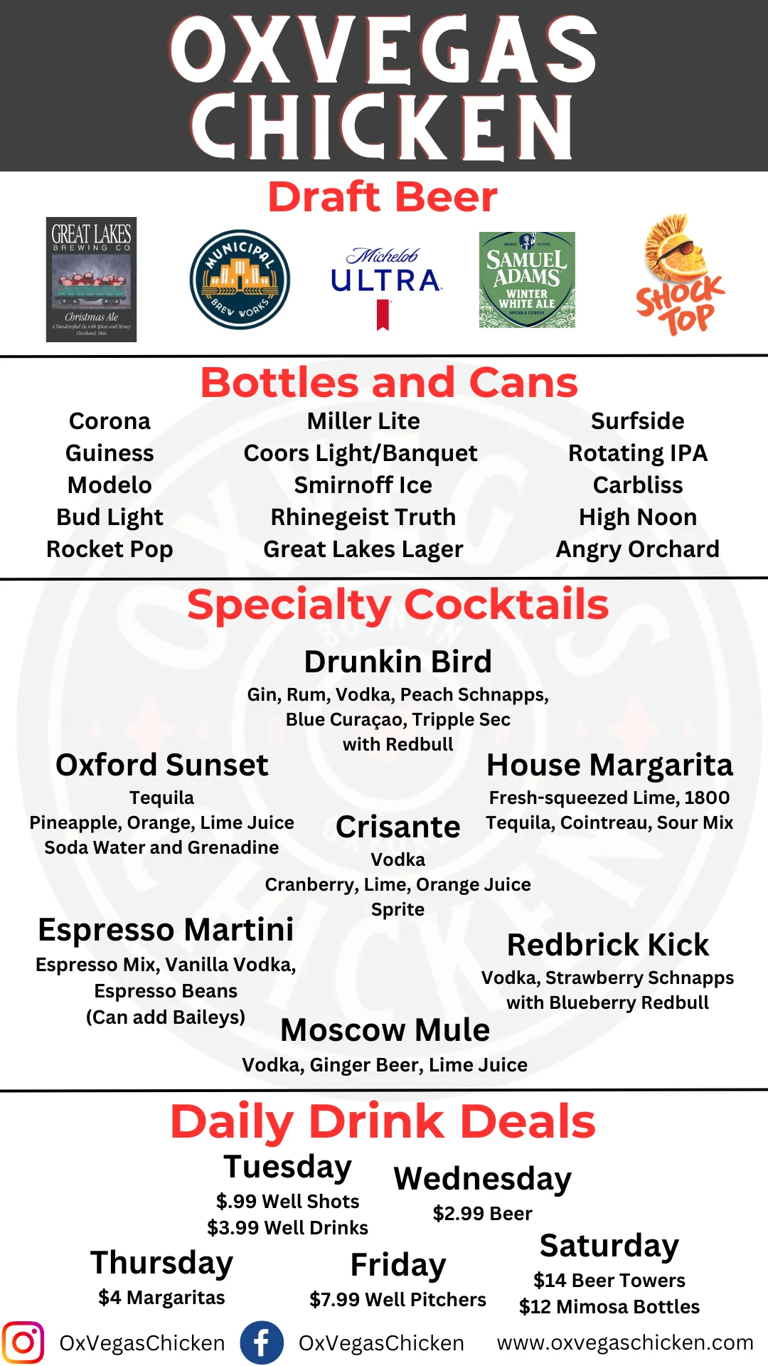 Drink menu featuring cocktails and beer selections at OxVegas Chicken