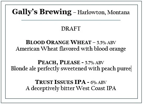 Draft beer menu from Gally's Brewing in Harlowton, Montana