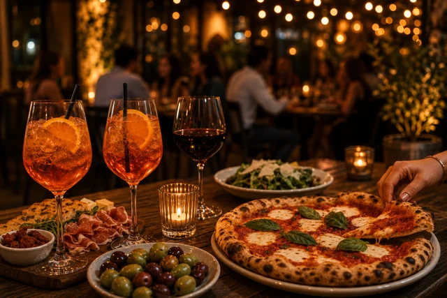 Cozy restaurant scene with Margherita pizza and cocktails