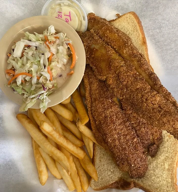 Southern fried catfish with coleslaw and fries