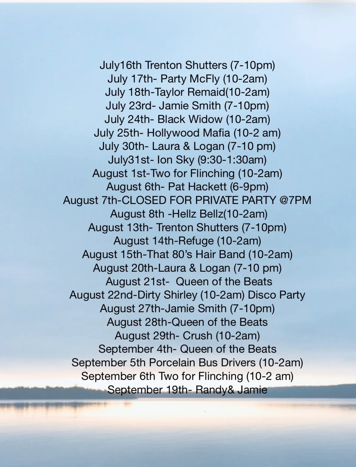 Event schedule for live music performances from July to September