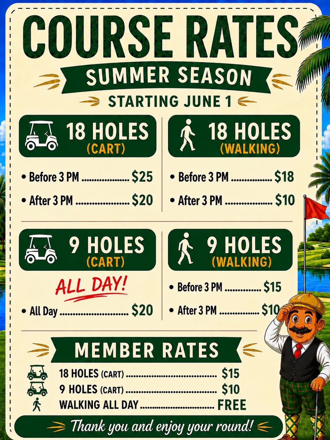 Golf course rates for 18 and 9 holes, including walking and cart options.