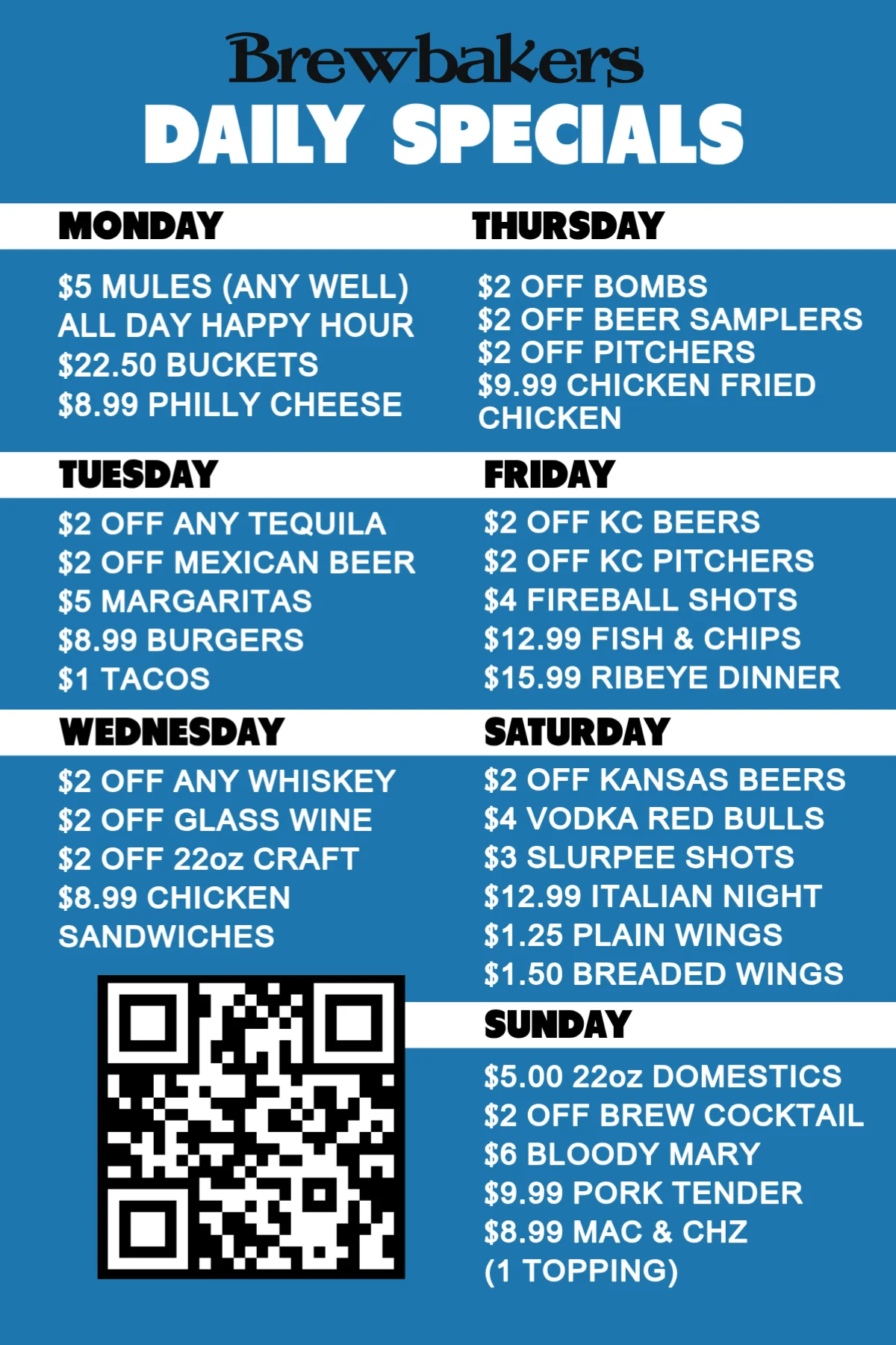 Daily specials menu at Brewbakers restaurant
