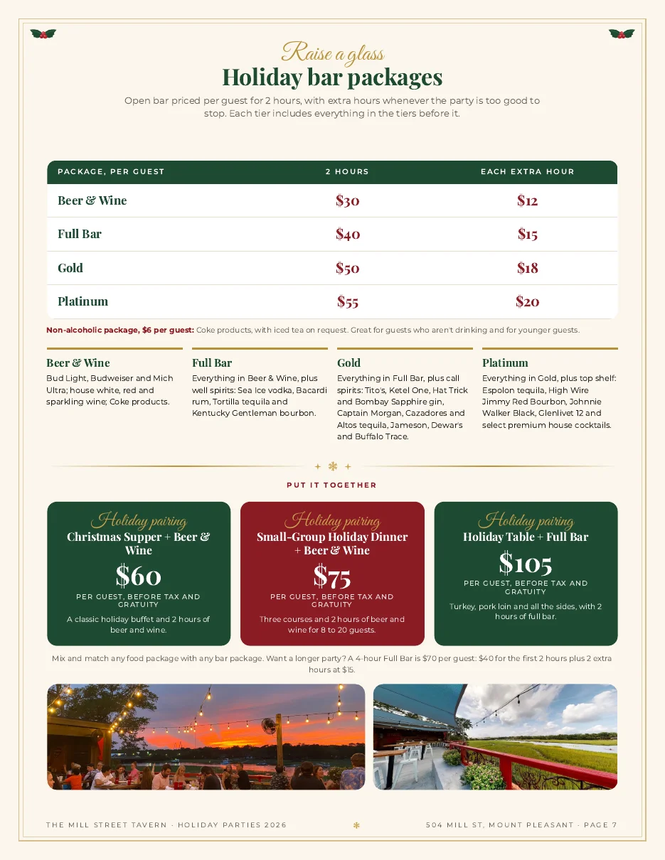 Mill Street Tavern holiday packages