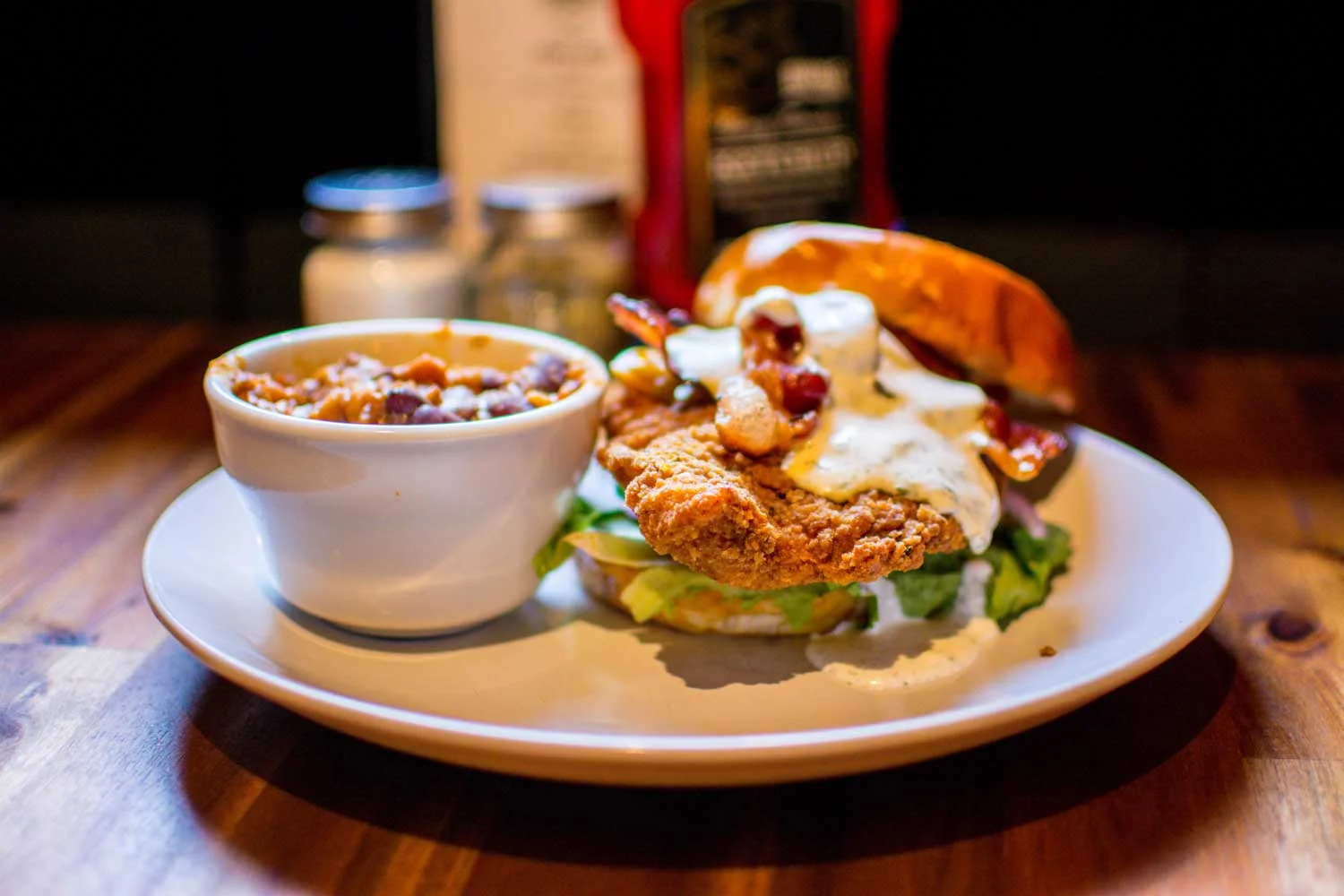 Southern fried chicken sandwich with sides
