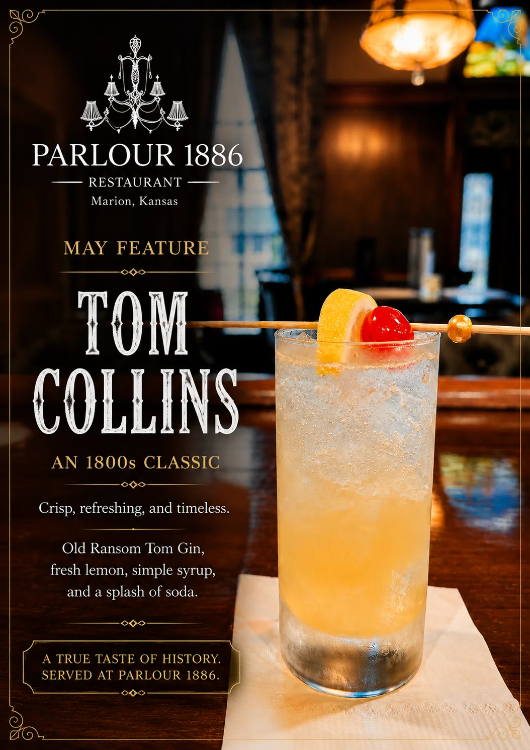 Tom Collins cocktail featured at Parlour 1886 restaurant in Kansas.
