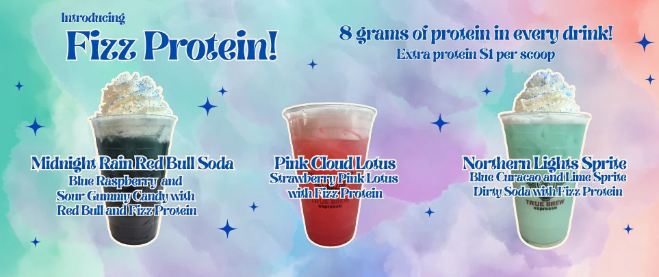 Promotional banner for Sky Fizz Protein drink with vibrant colors and graphics.