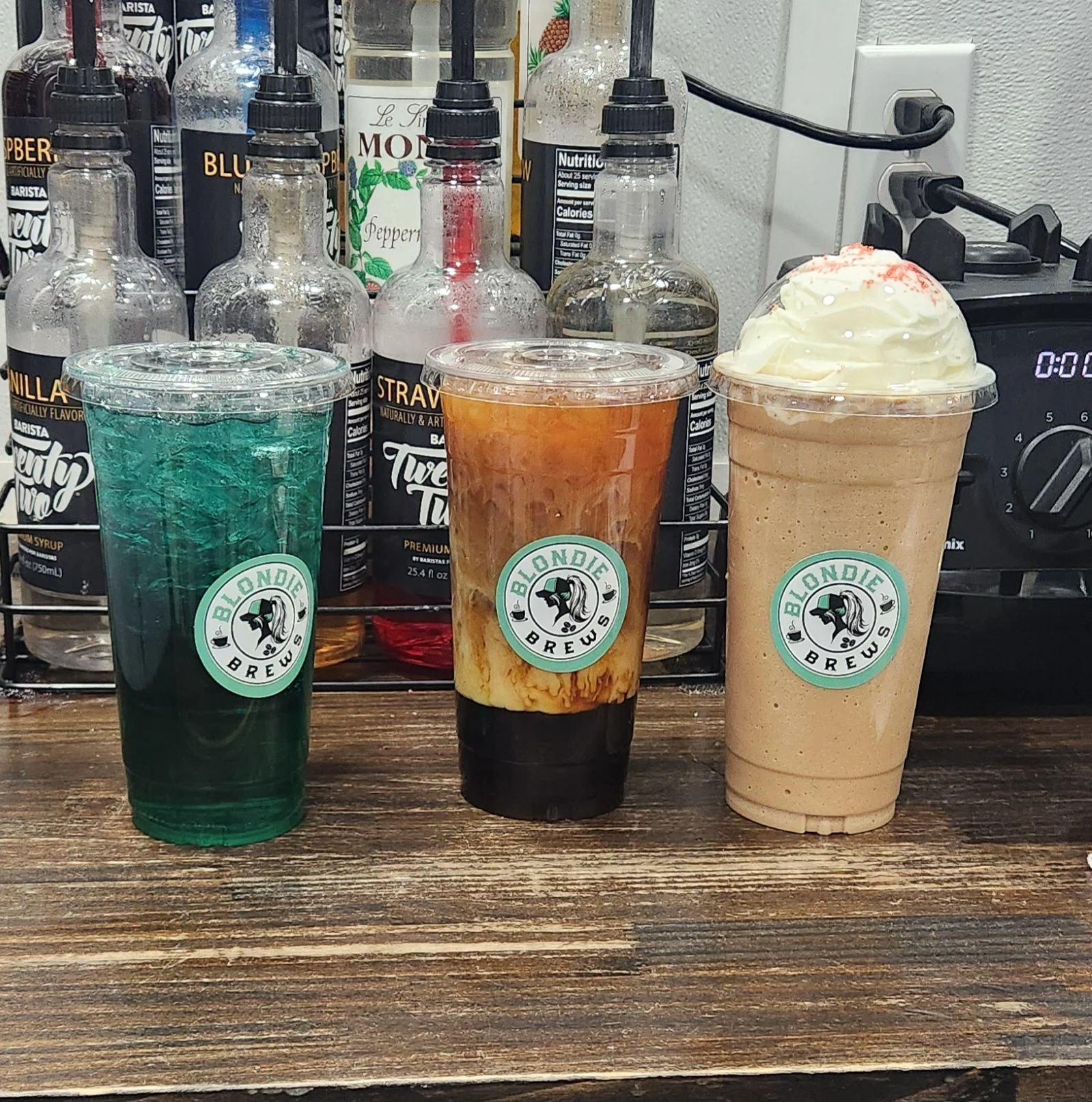 Colorful drinks at Blondie Brews coffee shop