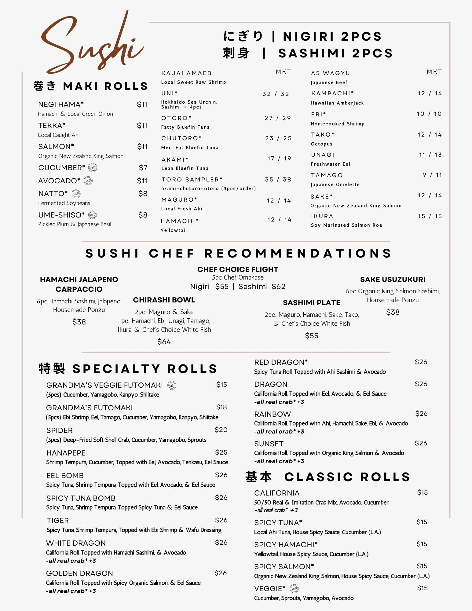 Sushi menu featuring various rolls, sashimi, and chef recommendations.