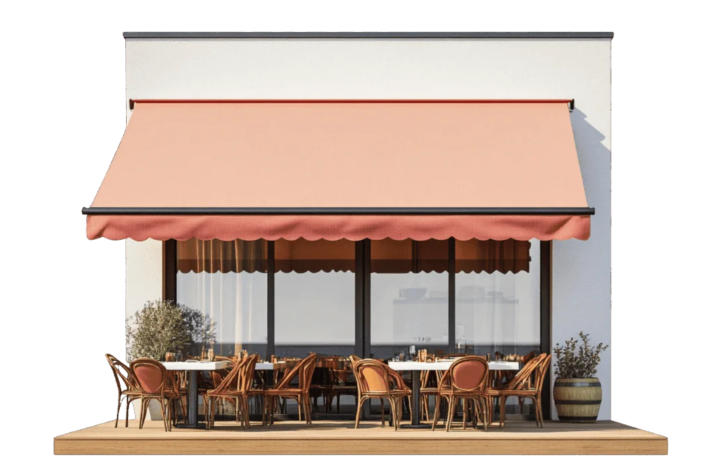 An outdoor dining area featuring several round tables with chairs underneath a pink awning, surrounded by potted plants.