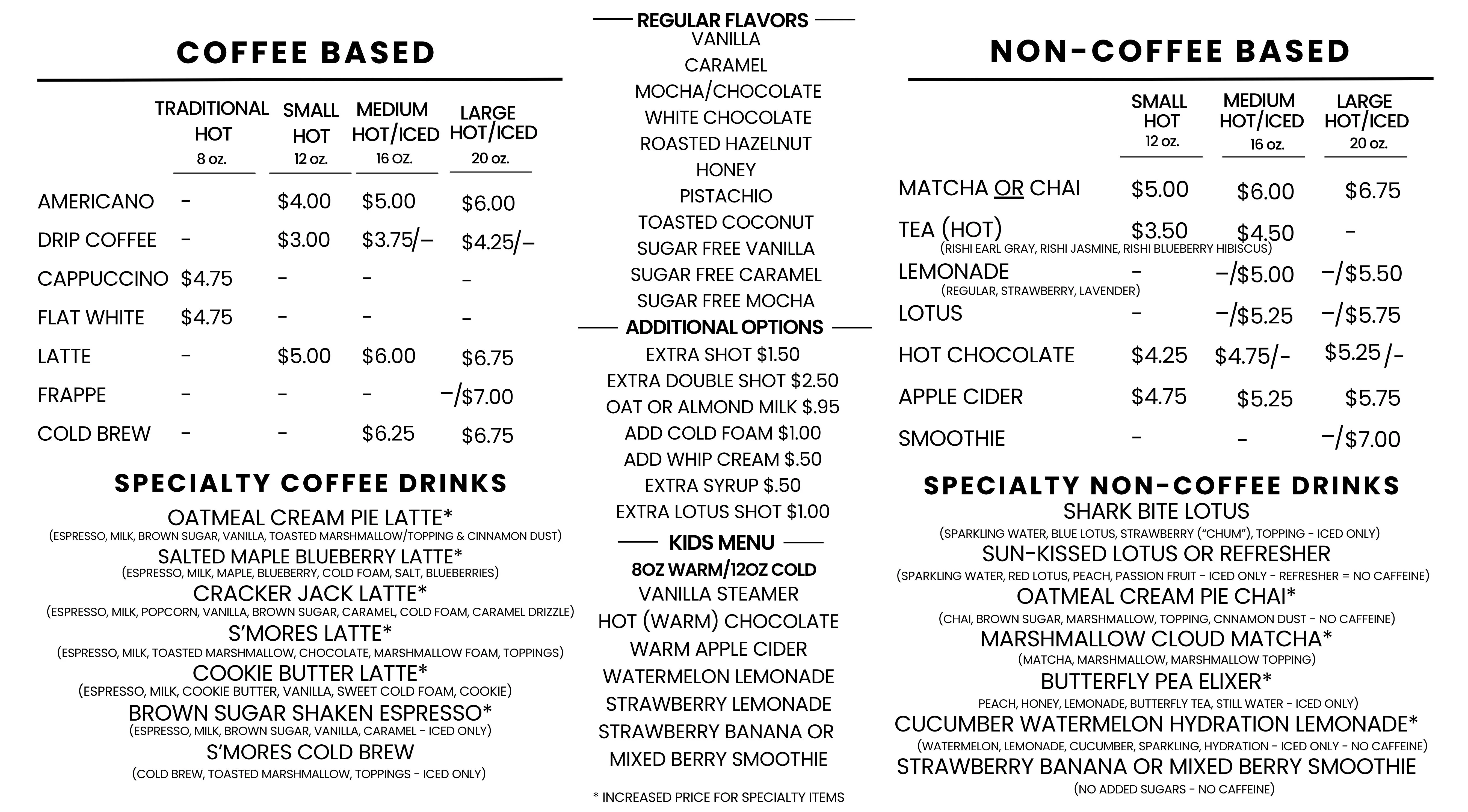 A beautifully arranged menu with delicious drink options - coffee and non-coffee..