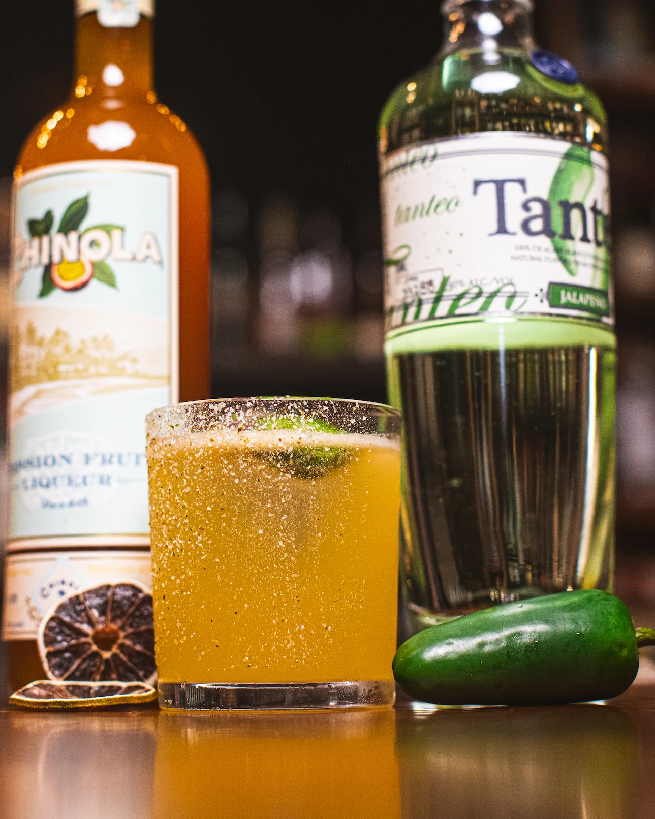Refreshing jalapeño cocktail with passion fruit liqueur