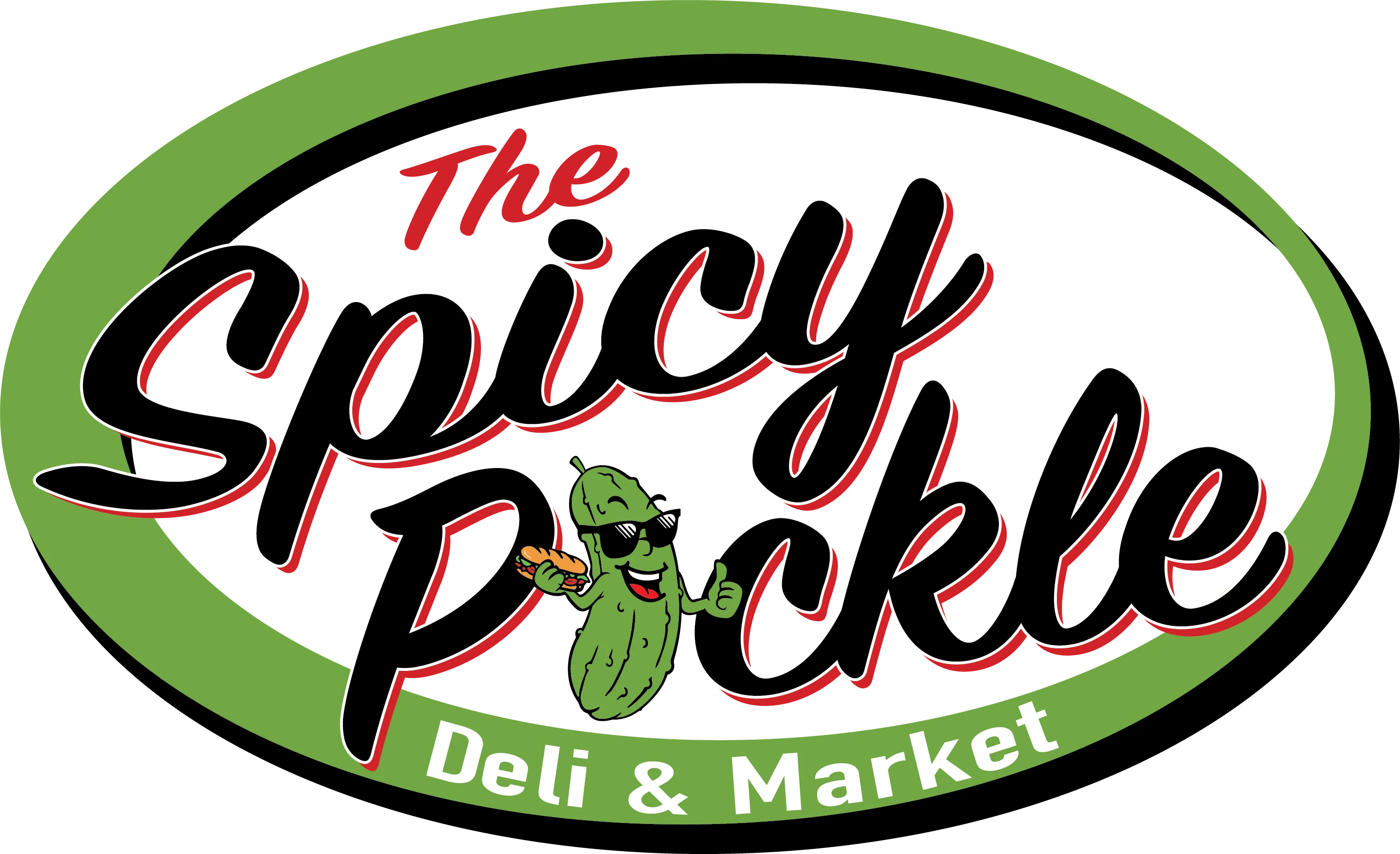 A colorful logo featuring a playful pickle character wearing sunglasses, holding a sandwich. The logo reads 'The Spicy Pickle Deli & Market' against a black background with a green outline.